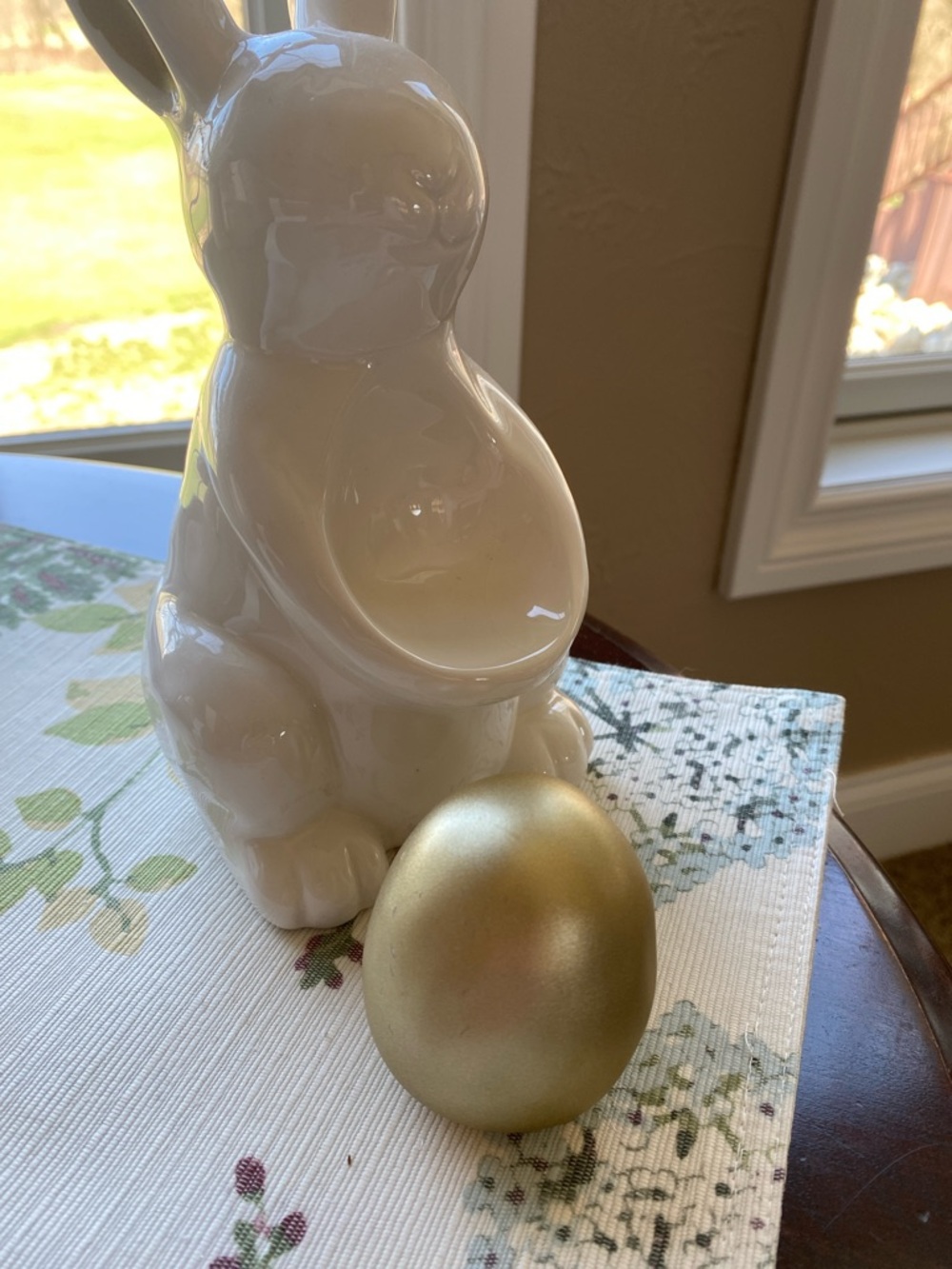 Ceramic White Bunny Figurine with Gold Accent Egg & wooden bunny decor - Picture 3 of 10